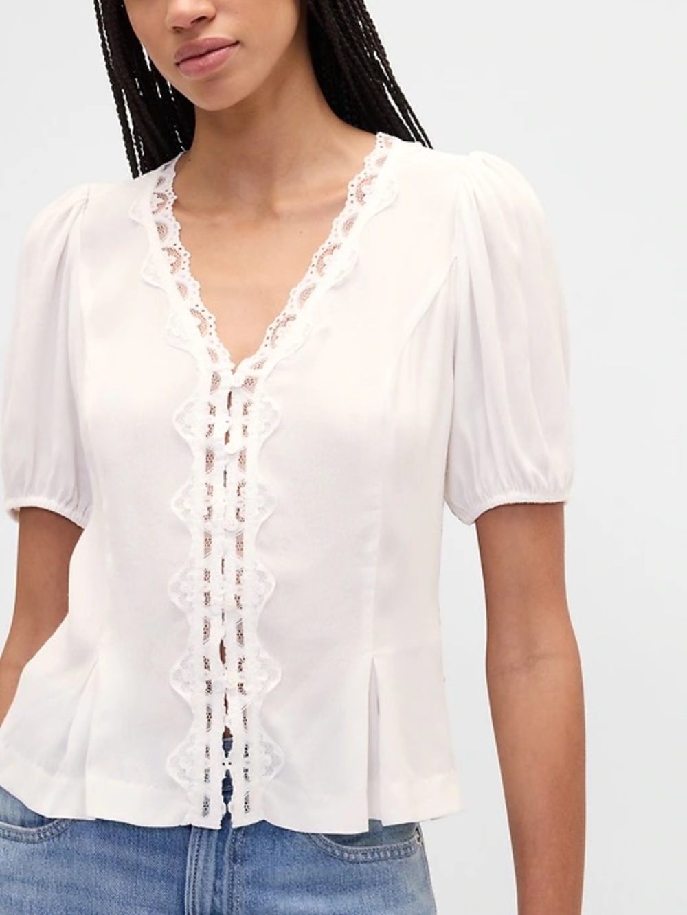 Gap Crepe V-Neck White Lace Puff Sleeve Blouse Top NEW